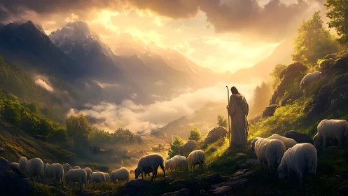 Shepherd guides flock through radiant mountain valley at dawn.