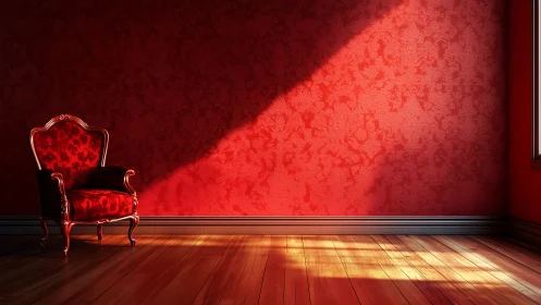 Sunlit red velvet armchair in ornate interior with hardwood floor