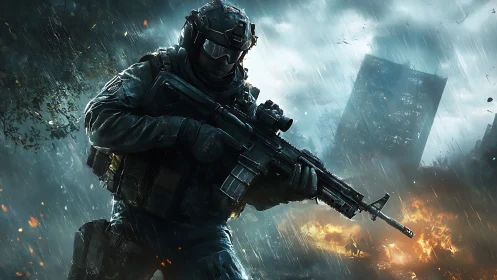 Heavily armed soldier advances through stormy urban battlefield