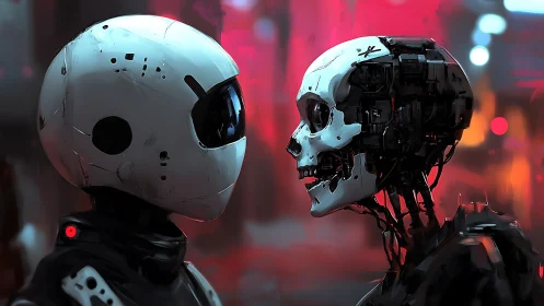 Two robotic heads face each other in a neon urban setting