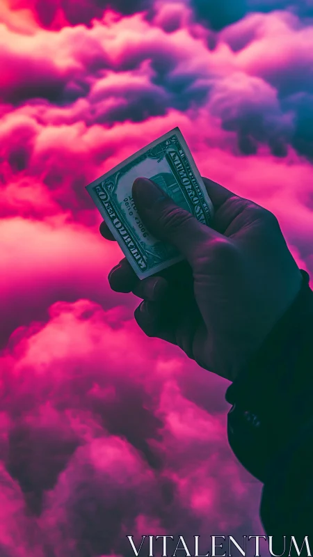 Hand holding dollar bill against neon magenta cloudscape.