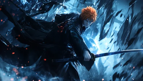 Orange haired anime swordsman lunges forward in blue storm