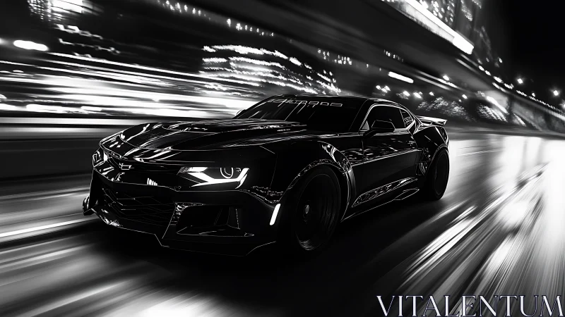 Sleek black muscle car races through neon-lit city streets.