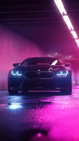 Sleek sports car under neon tunnel lights at night.