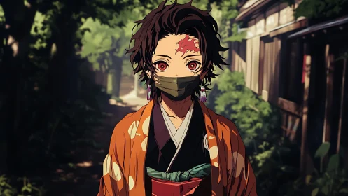 Masked anime wanderer stands in dappled forest sunlight