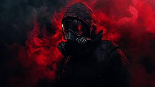 Shadowed wanderer in red toxic smoke and quiet tension.