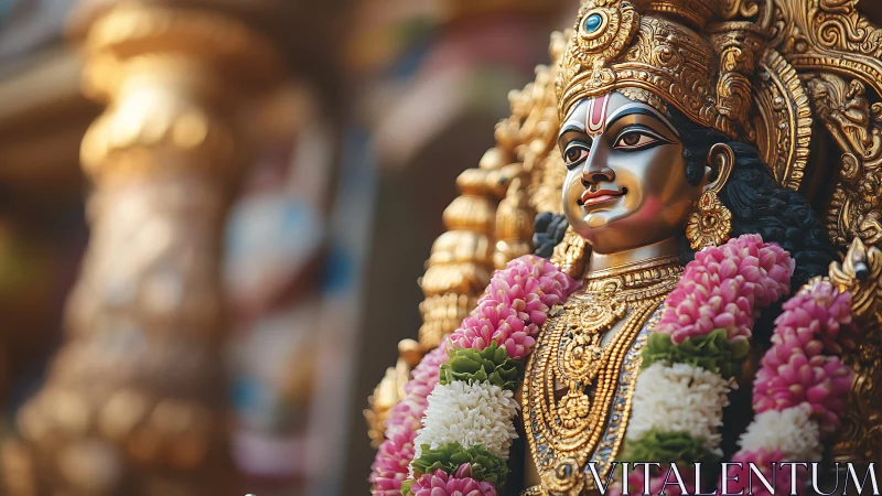 Gilded Hindu deity statue wears flower garlands in temple