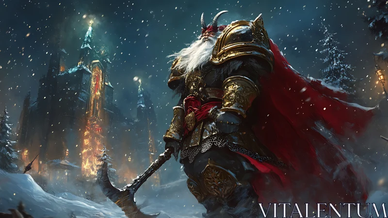 Warrior Santa stands armored before a burning ice citadel.