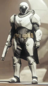 Armored sci fi sentinel stands ready in soft desert light