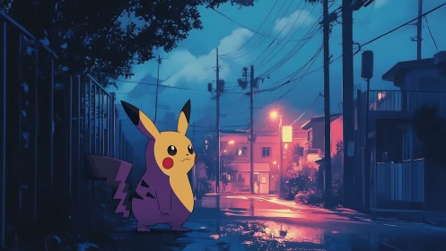 Pikachu stands in neon-lit rainy suburban street twilight.