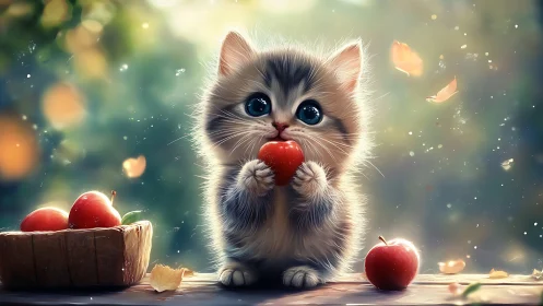 Juvenile feline specimen holding red apple in stylized digital composition.
