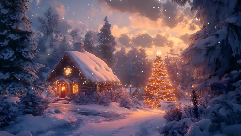 Cozy winter cabin and glowing Christmas tree at sunset.
