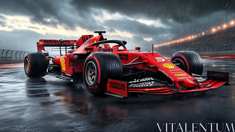 Scarlet F1 predator coils for attack on a rain-glazed track.