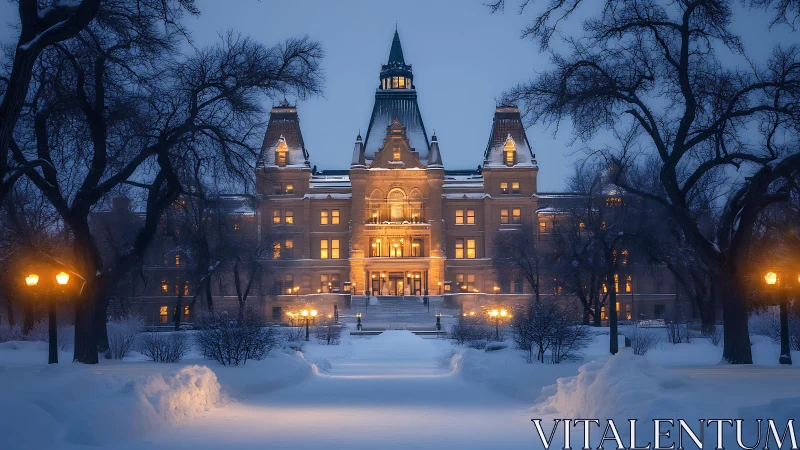 Illuminated institutional building framed by winter trees.