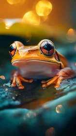 Golden tree frog gazes softly under dreamy evening lights
