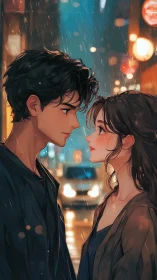 Rainlit city lovers pause beneath neon soaked night skies.