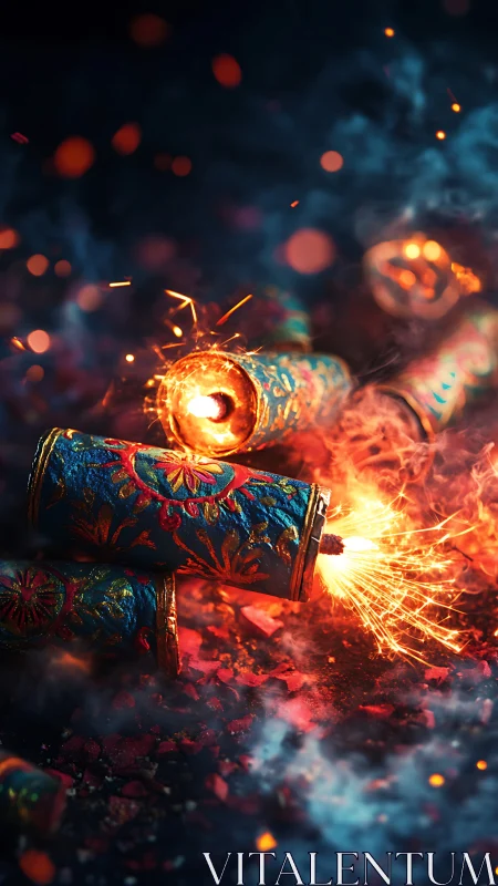 Ignited ornate firecrackers with vivid sparks and embers.
