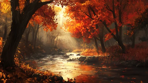 Autumn Stream Through Golden Forest Canopy.
