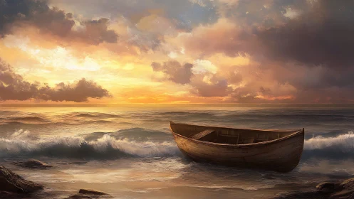 Wooden rowboat grounded in shallow coastal surf at dusk.