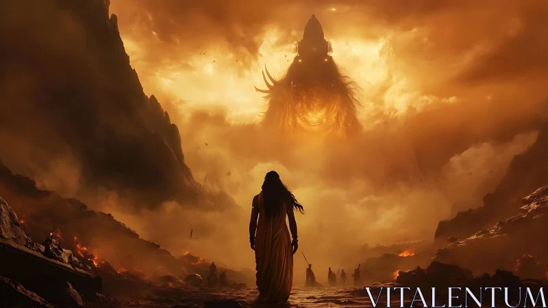 Volcanic ravine confrontation with towering astral entity.