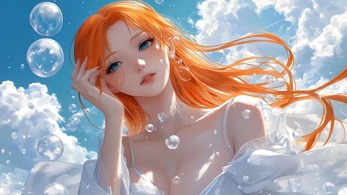 Red haired anime woman with bubbles in bright sky scene.