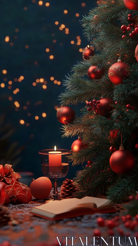 Christmas tree with red ornaments and candlelit book scene.