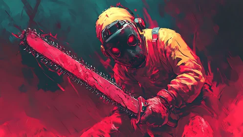 Masked chainsaw wielder advances through neon red haze