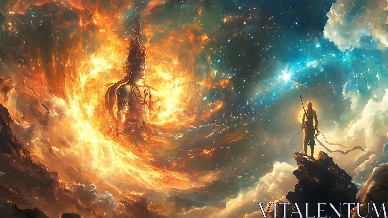 Cosmic fire vortex deity confronting stellar spear bearer.