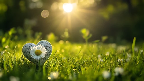 Heart stone with daisy under golden backlit sunset glow.