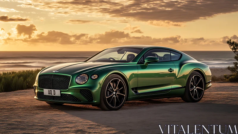Emerald grand tourer coupe glows against dramatic ocean sunset.