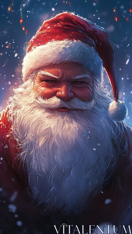 Santa Claus portrait shows intense expression in snowy night