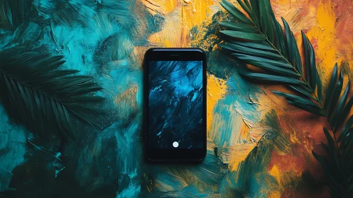 Smartphone on abstract teal and yellow painted background.