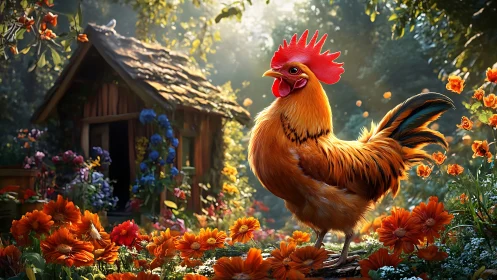 Golden Rooster in Bloom: Digital Garden Sanctuary Rendered.