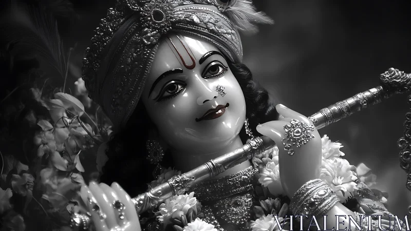Monochrome close-up of ornate deity statue holding flute