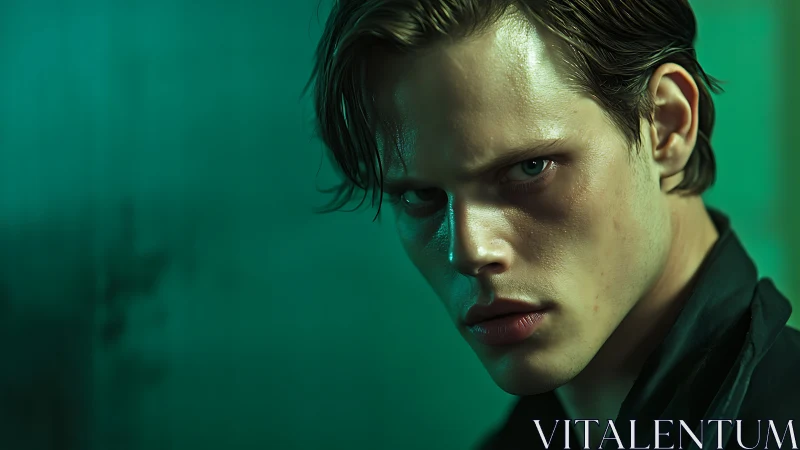 Photorealistic teal portrait with dramatic low-key lighting.