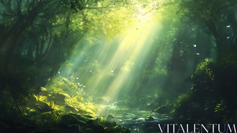 Sunlit forest stream with luminous green canopy glow.