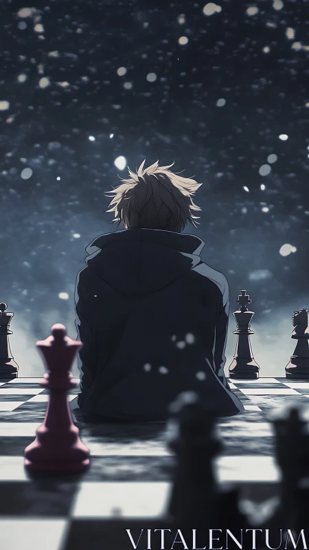 Solitary hooded figure seated on chessboard under snowfall.