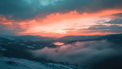 Winter mountains under vivid coral twilight sky glow.
