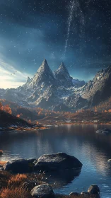 Mountain lake under star-rich night sky with autumn-lit shoreline