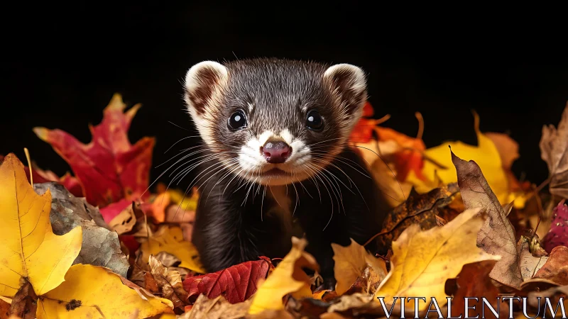 Curious ferret peers from bright autumn leaves in darkness.