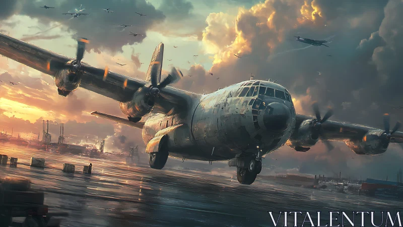 Military cargo aircraft powers across wet runway at dusk