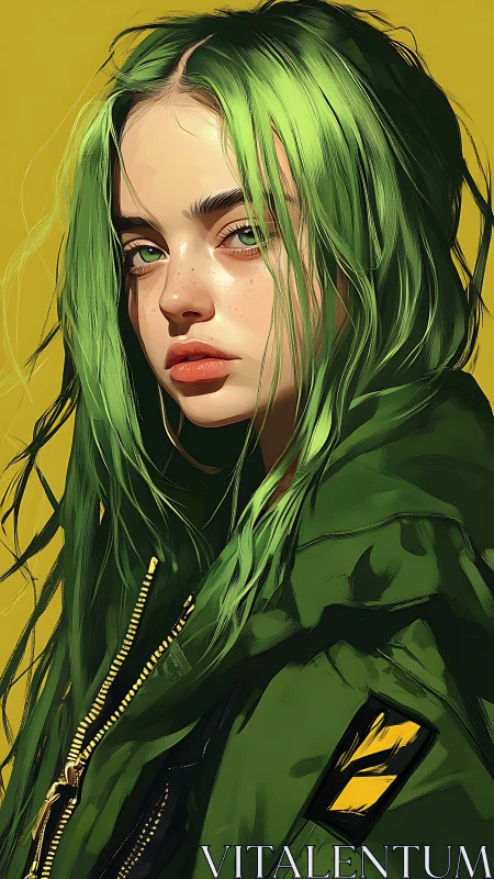 Green-haired girl gazes intensely in stylized portrait.