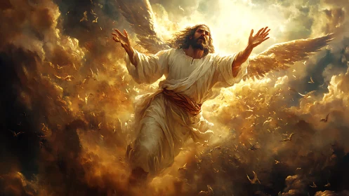 Radiant winged figure rising through glowing golden clouds.