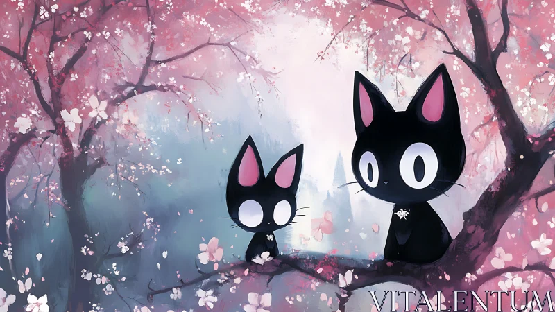 Black cats resting on cherry blossom branches at dusk.