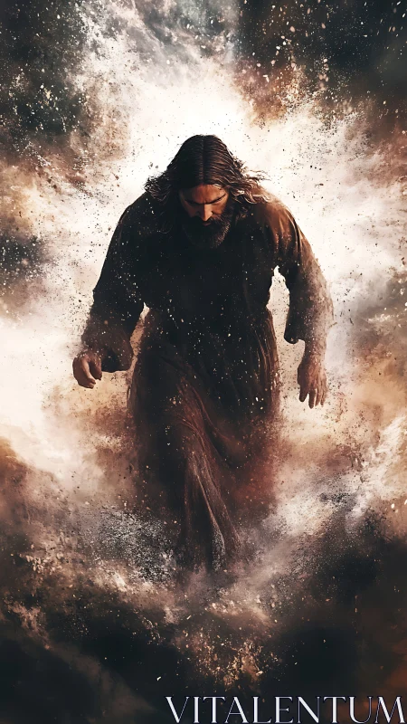 Radiant robed figure walks forward through swirling storm light