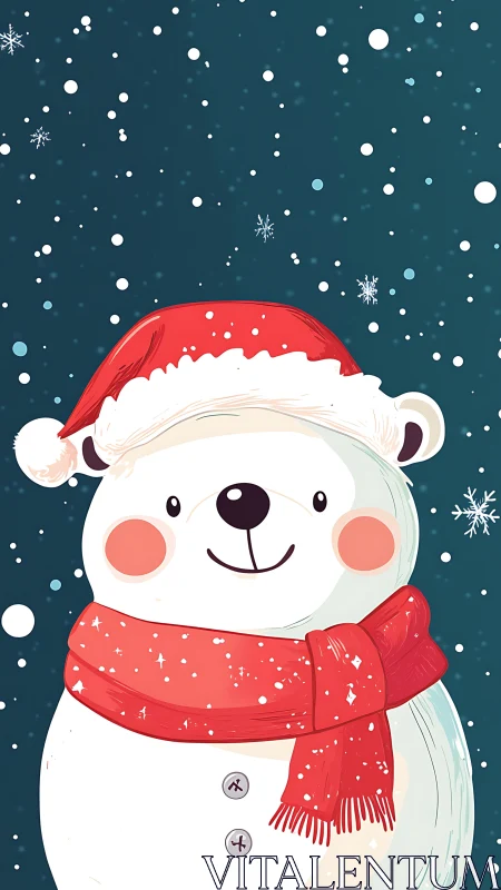 Illustrated bear snowman wears red hat and scarf in snowfall