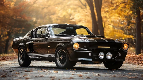 Classic black muscle car captured in high-contrast autumn backlight
