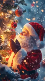 Santa Claus decorates illuminated snow covered Christmas tree