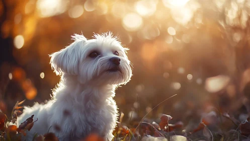 Sunlit white puppy wandering through dreamy autumn glow.