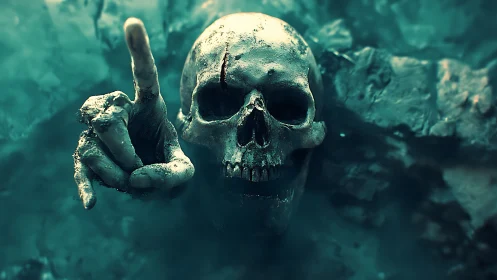 Skull in the mist raising one finger like a quiet warning.